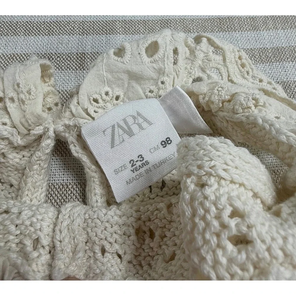 Zara Kids Cream Pointelle Knit Romper Eyelet Lace Ruffle Collar Size 2-3 Years